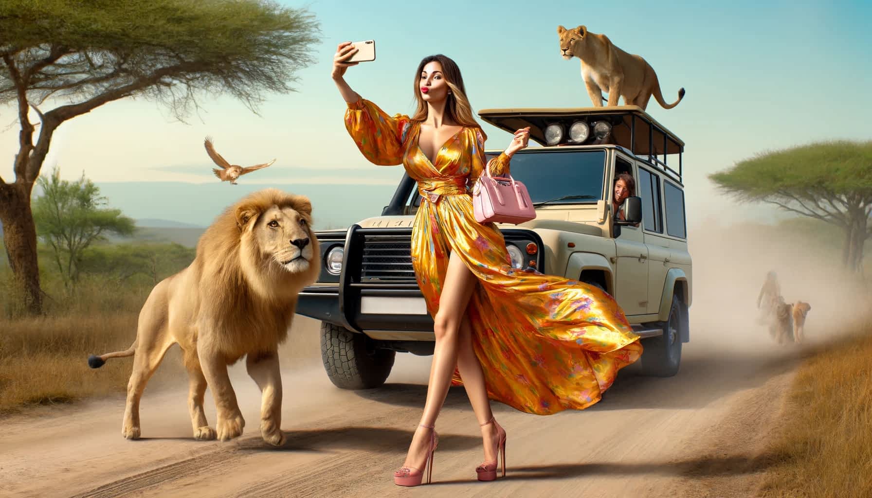 Tourist outside safari jeep